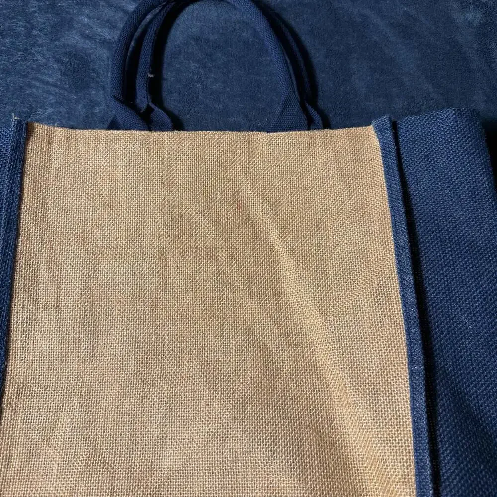 Nautical Anchor Print Natural Jute and Navy Burlap Beach Tote Bag